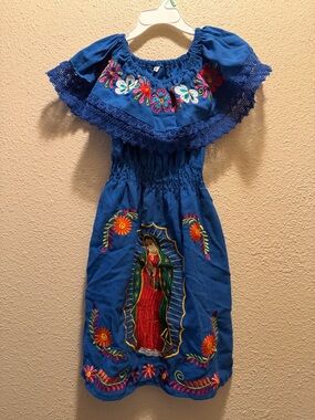 Girls' Royal Blue Embroidered Off-Shoulder Dress with Floral & Icon Motif